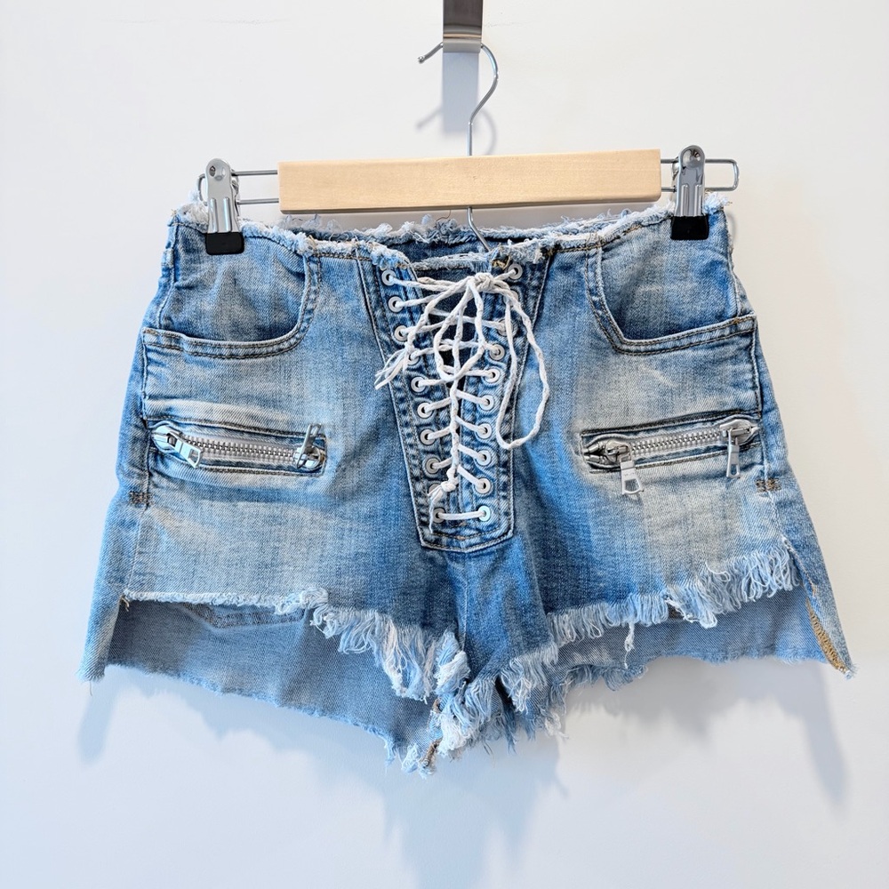 Unravel Project Lace-Up Denim Shorts in blue wash Size 25